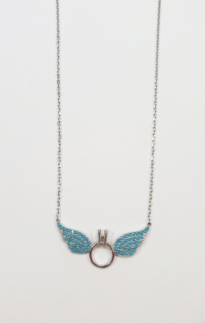 Halskette 925 Silber  "Ring mit Flügel Blau/Weiss"